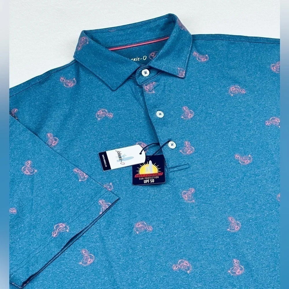 Johnnie-O Men’s Prep-formance Flamingo Floaty Lake Blue Golf Polo Shirt - Picture 1 of 10